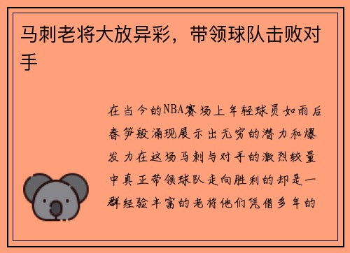 马刺老将大放异彩，带领球队击败对手