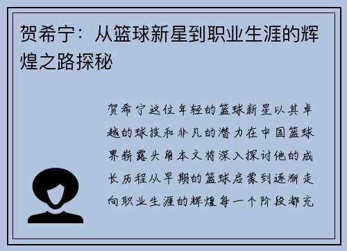 贺希宁：从篮球新星到职业生涯的辉煌之路探秘