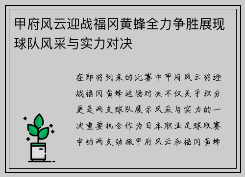 甲府风云迎战福冈黄蜂全力争胜展现球队风采与实力对决