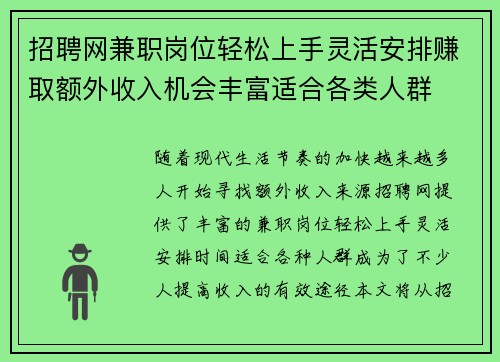 招聘网兼职岗位轻松上手灵活安排赚取额外收入机会丰富适合各类人群