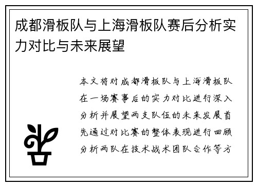 成都滑板队与上海滑板队赛后分析实力对比与未来展望